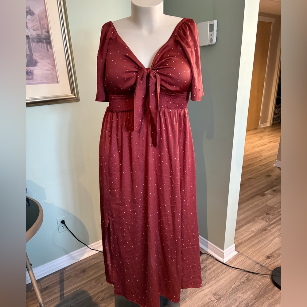 Tie-Front Midi Dress in Burgundy with Subtle Dots